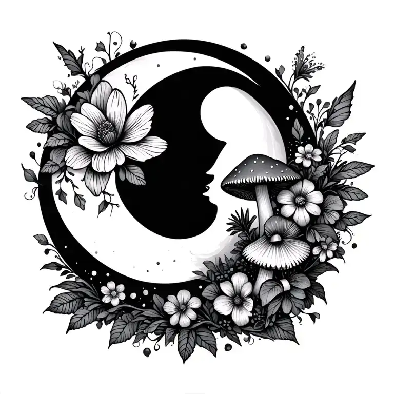 whimsical flowers with moon and mushrooms and fairies  tattoo design idea