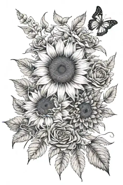 sunflower with black roses all around one , one red rose, one pink marigold flower, one honeysuckle, one daisy  tattoo design idea