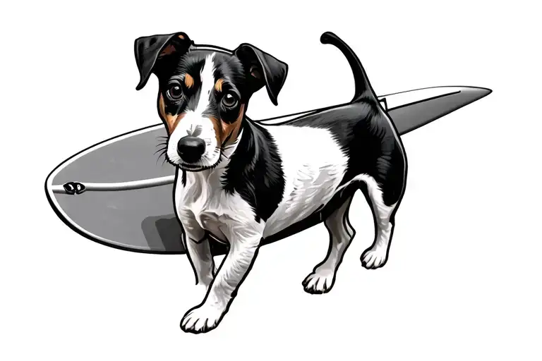 Surfboard with jack russell terrier tattoo design idea