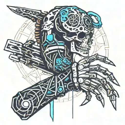sword being held by a skeleton hand with snakes wrapped tattoo design idea