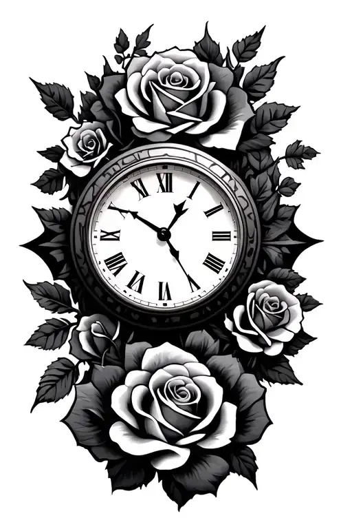 tribal numeral clock with roses tattoo design idea
