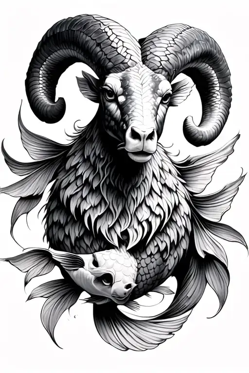 ram with 2 koi fish circling the ram tattoo design idea