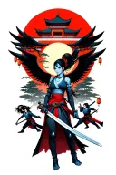 japanese female angel warrior with kitana in front of temple with bonzai trees and lanterns and little ninjas battling  tattoo design idea