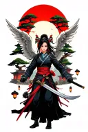 japanese female angel warrior with kitana in front of temple with bonzai trees and lanterns and little ninjas battling  tattoo design idea