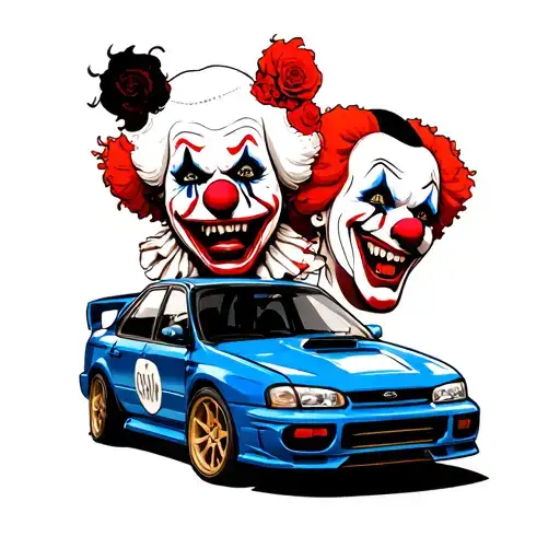 sad and happy clowns two ffaces italian theater demonic subaru impreza rally car below blue, small car and sol key tattoo design idea