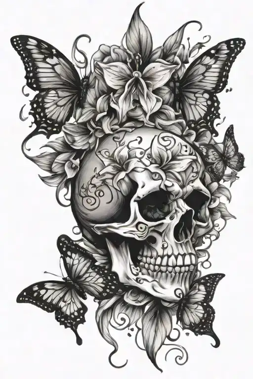 skulls, lily, butterfly stars tattoo design idea