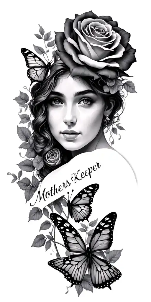 mothers keeper with name ,and roses with butterflies tattoo design idea