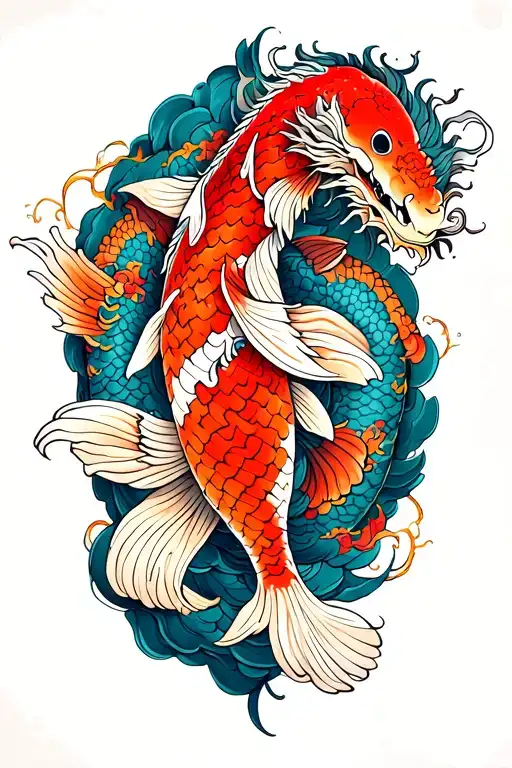 orange red koi fish in upper arm and dragon in fore arm tattoo design idea