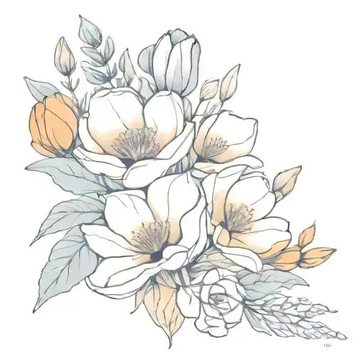 bouquet of magnolia, lavender, California poppy, and blue violet tattoo design idea