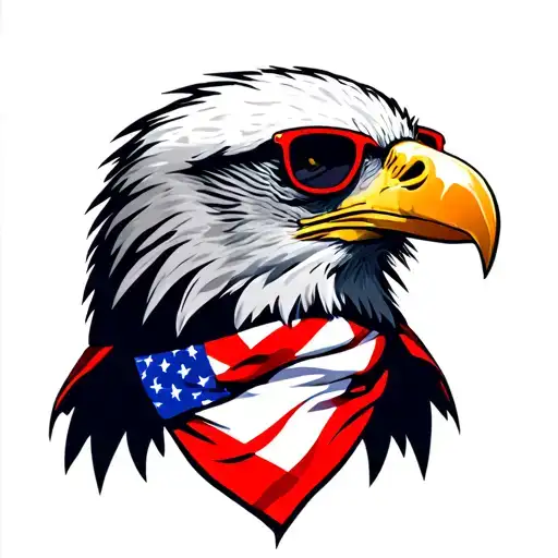 Bald Eagle wearing an American Flag bandana and red framed sunglasses with dark lenses. tattoo design idea