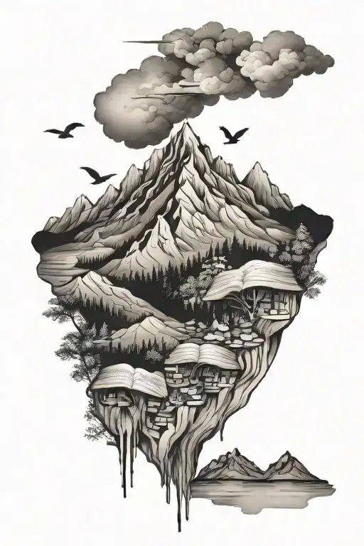 mountains and books in gustav klimt style simple tattoo design idea