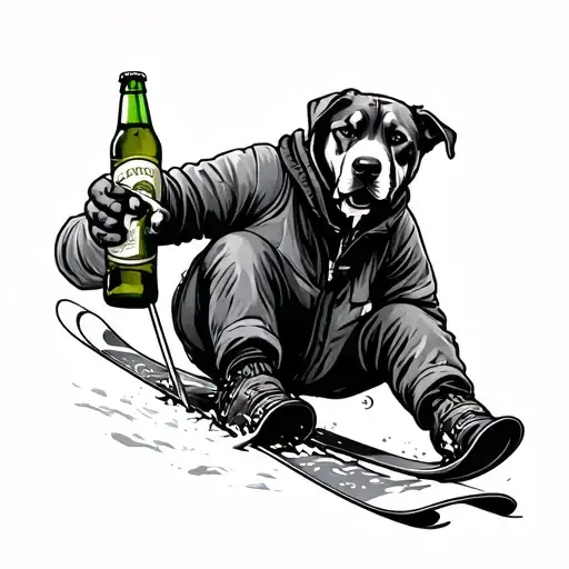 Draw me skiing tatoo that has ja dog whos taking a mute grab and he has a beer bottle on his another hand tattoo design idea