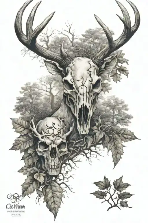half whitetail deer skull oak trees in back ground with leaf border tattoo design idea