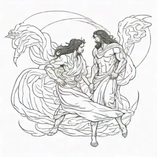 man and woman together with a blanket on in the middle of strong winds like a hurricane (dante's inferno) tattoo design idea