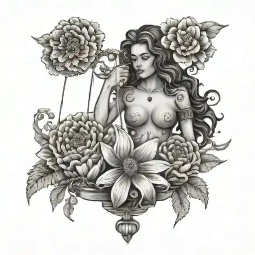 libra and marigold flower tattoo design idea
