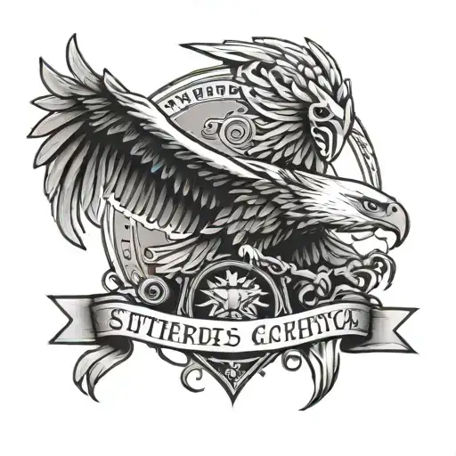 A tattoo design of a fierce eagle clutching a banner with the Latin phrase 'flectere si nequeo supros acheronta movebo' in its talons tattoo design idea