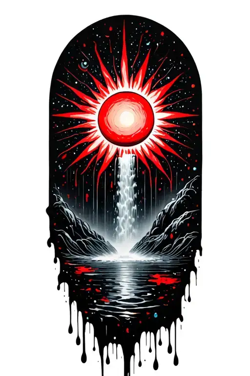 A sun flowing into a universe that turns into a waterfall with rain drops at the bottom tattoo design idea