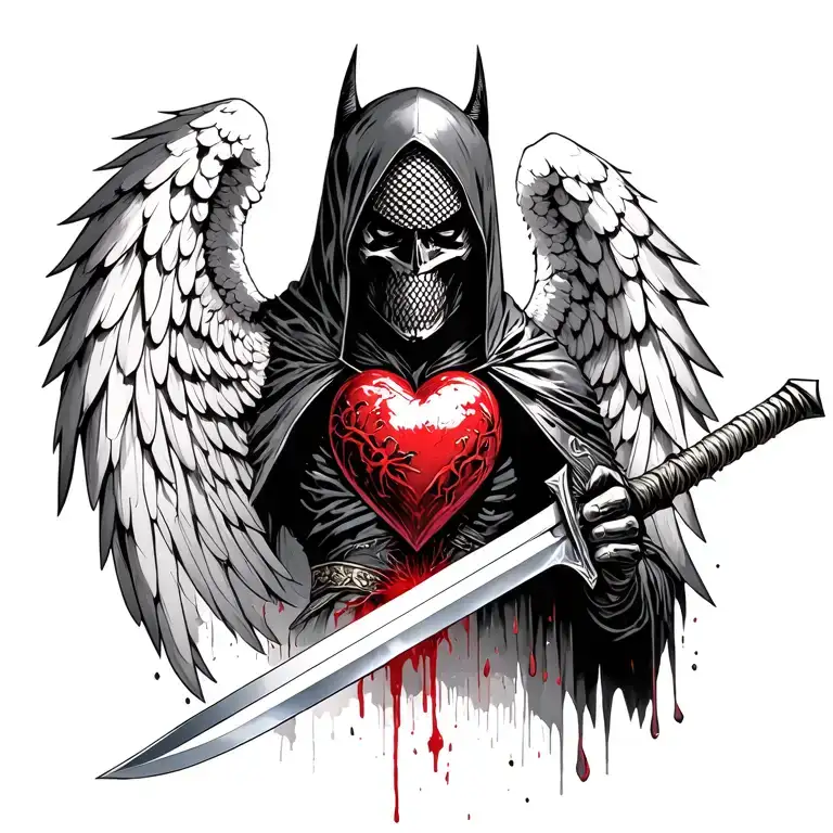 A dark knight with a mesh hood and angel of death/darkness wings, holding a sword with a bleeding heart embedded along tattoo design idea