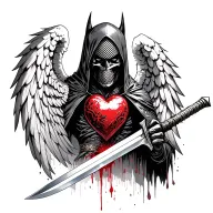 A dark knight with a mesh hood and angel of death/darkness wings, holding a sword with a bleeding heart embedded along tattoo design idea