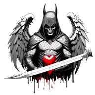 A dark knight with a mesh hood and angel of death/darkness wings, holding a sword with a bleeding heart embedded along tattoo design idea