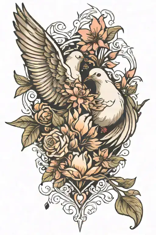 dove and heart with flowers tattoo design idea