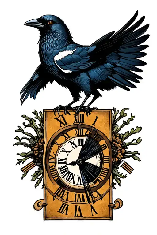 roman numerals surrounded by crow perched tattoo design idea