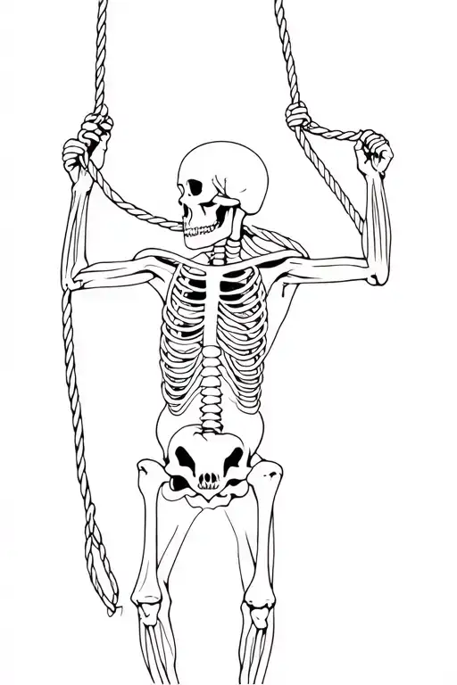 skeloton being hung with a noose around his neck at the gallows full body tattoo design idea