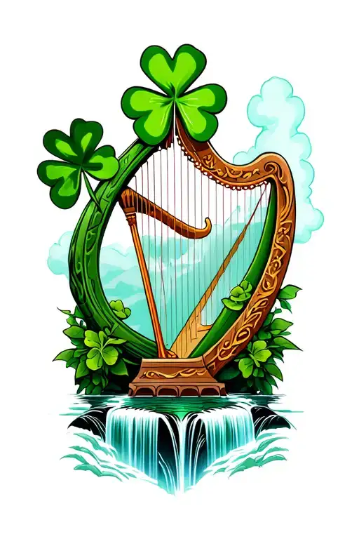 shamrock, harp, eire and an irish waterfall surrounded tattoo design idea