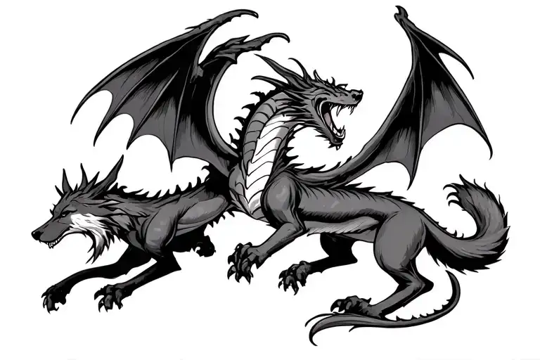 dragon with wings fighting a wolf tattoo design idea