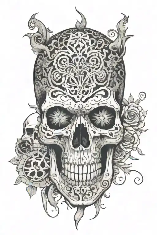 A macabre yet elegant tattoo of a skull adorned with intricate patterns and symbols, symbolizing the client's fascination with death and the afterlife tattoo design idea