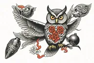 owl on bowling pin surrounded by various tattoo design idea