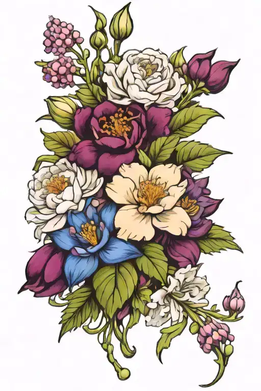 bouquet of violets, irises, Chrysanthemum and Peony, and Paperwhites and Holly. tattoo design idea