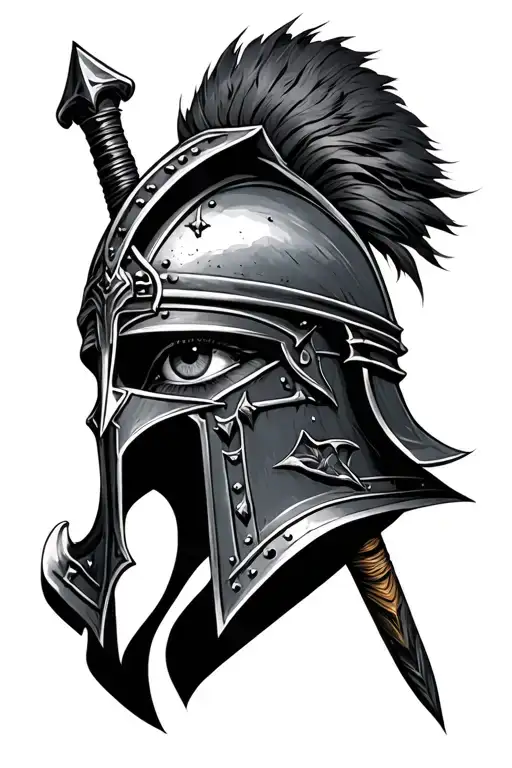 gladiator helmet with a sword piercing an eye tattoo design idea