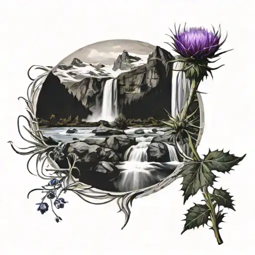 waterfall and mountains with a thistle intertwined tattoo design idea