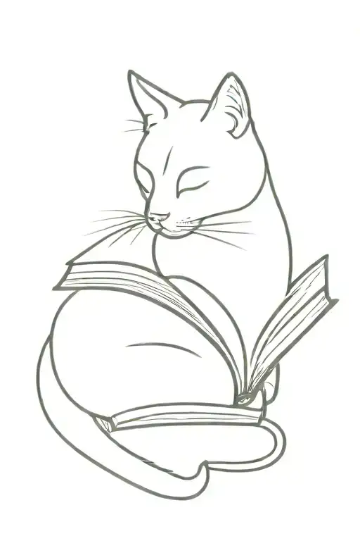 cat and book outline tattoo design idea