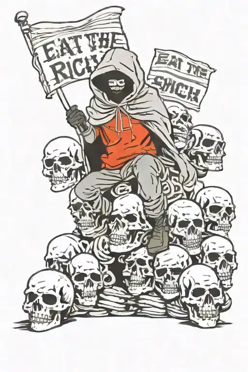 shadow man in hoodie and mask standing on a pile of skulls with a flag that says eat the rich tattoo design idea