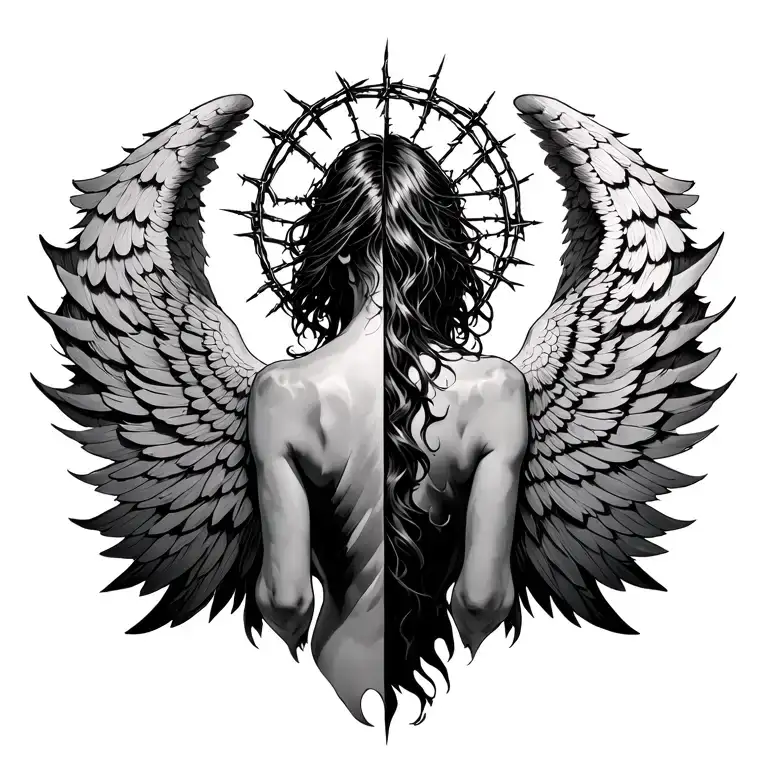 half angel half demon wings on the back with a halo made of barbed wire tattoo design idea