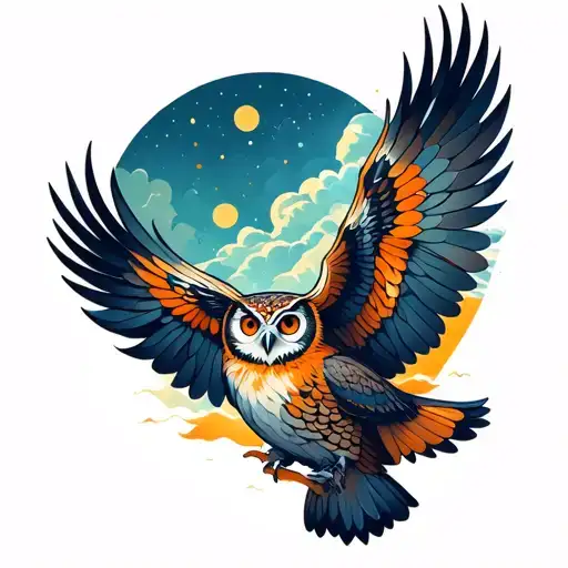 owl with open wings fading into space. geometric landscape sleeve tattoo design idea