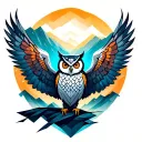 owl with open wings fading into space. geometric landscape sleeve tattoo design idea