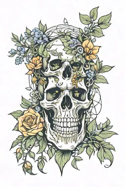 Herb bushel rosemary, sage Spooky Spiderwebs Snowdrop flower as ghosts Skull snapdragon seed pods tattoo design idea