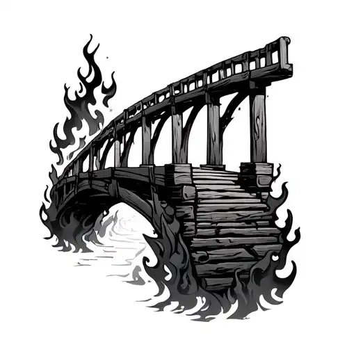 cybersigilism style tattoo featuring a burning wooden bridge on flames tattoo design idea