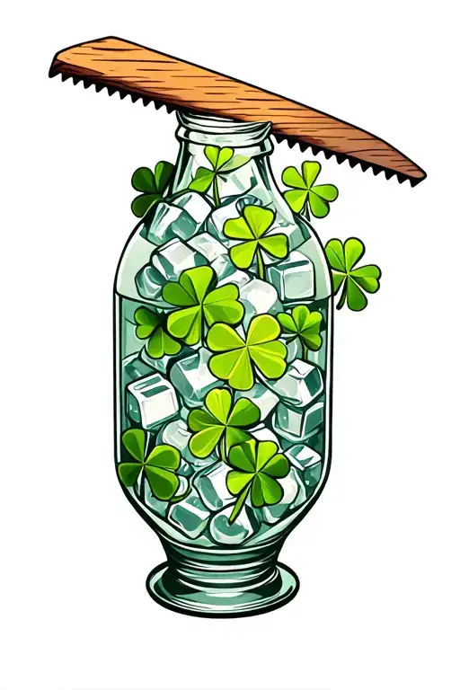 large glass milk bottle filled with ice cubes with a wood saw sticking out of the top with four leaved clovers draped  tattoo design idea