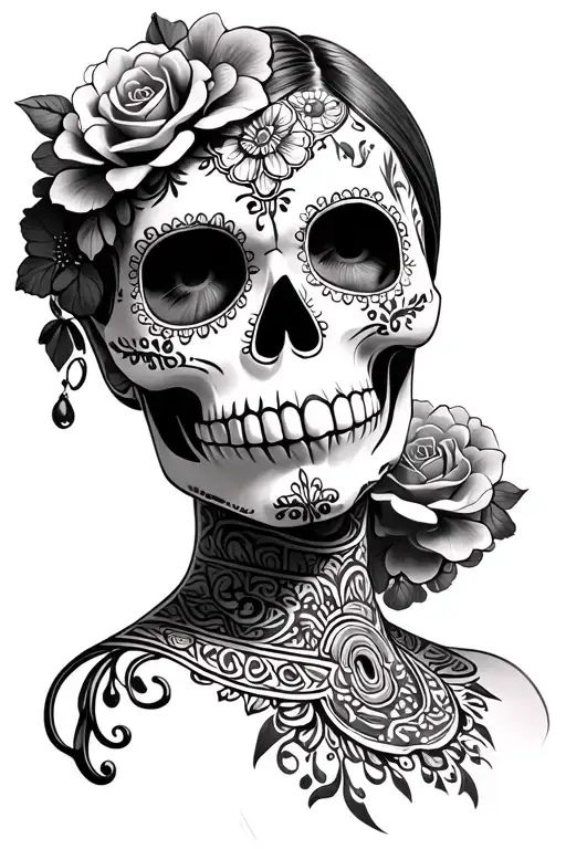 Central FigureSugar Skull (Día de los Muertos style) — realistic yet clean, with soft black and grey shading and minima tattoo design idea