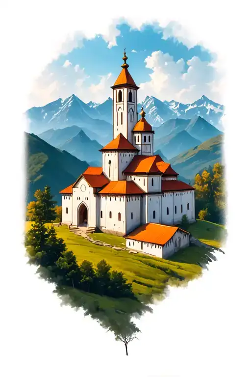 sapanta peri monastery from romania with romanian mountains in background tattoo design idea