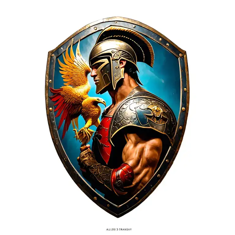 realistic spartan in profile holding a shield with a phoenix drawn on it in his hand I want a lot of detail tattoo design idea