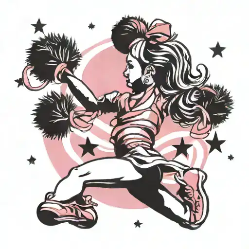 Cheerleader silhouette in a dynamic pose with pom poms, surrounded by swirling pink ribbons and stars tattoo design idea