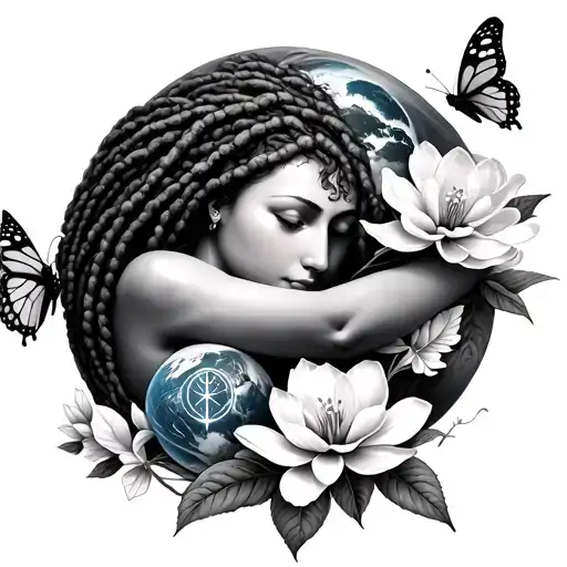 Mother Nature with dreadlocks hugging the earth with a Virgo symbol surrounded by magnolia flowers and butterflies  tattoo design idea