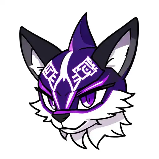 cute happy anime fox head wearing Okami mask and symbols angled profile, purple highlights with white background tattoo design idea