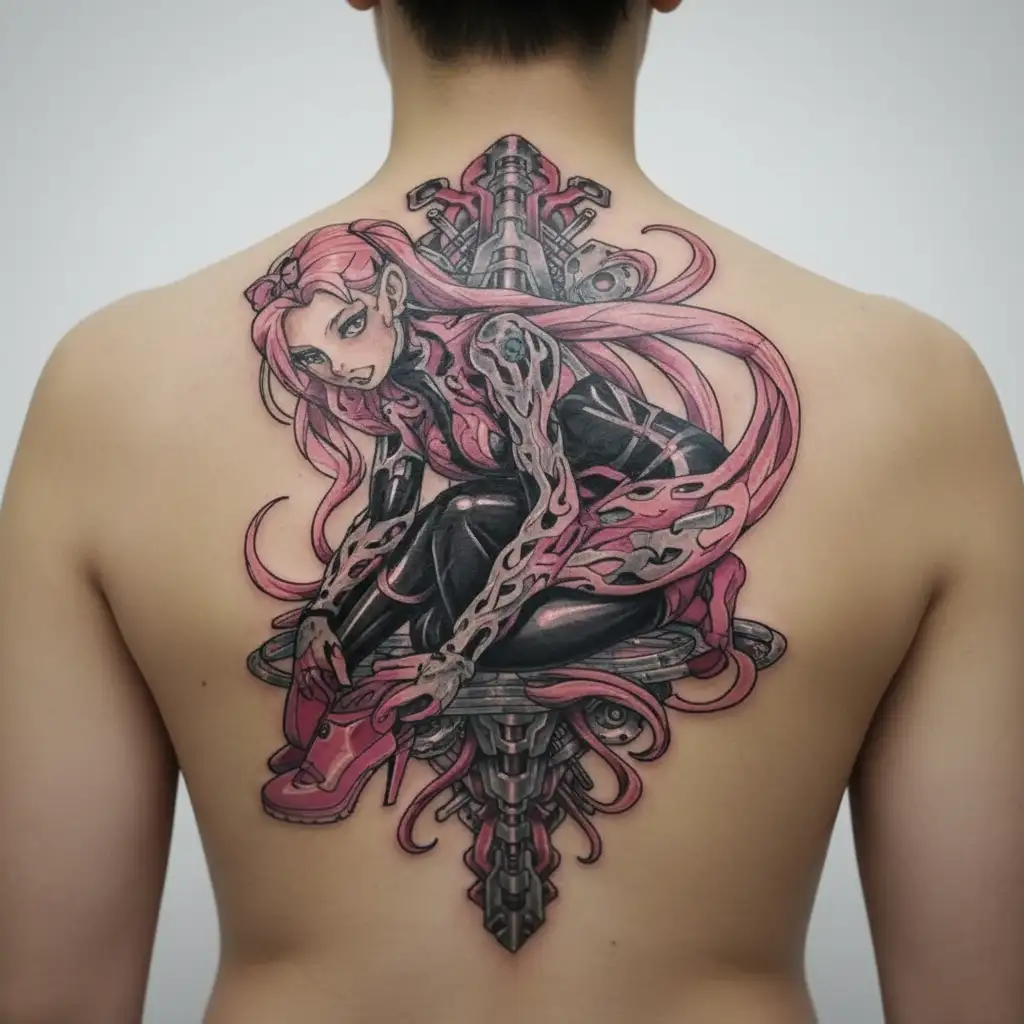 Sexy Girl, huge butt, big boobs, pink skin tight latex jumpsuit, pink eyes, pink really long pigtails, young small teen tattoo design idea