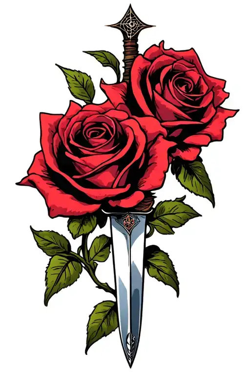 two roses with a dagger piercing and spider web tattoo design idea